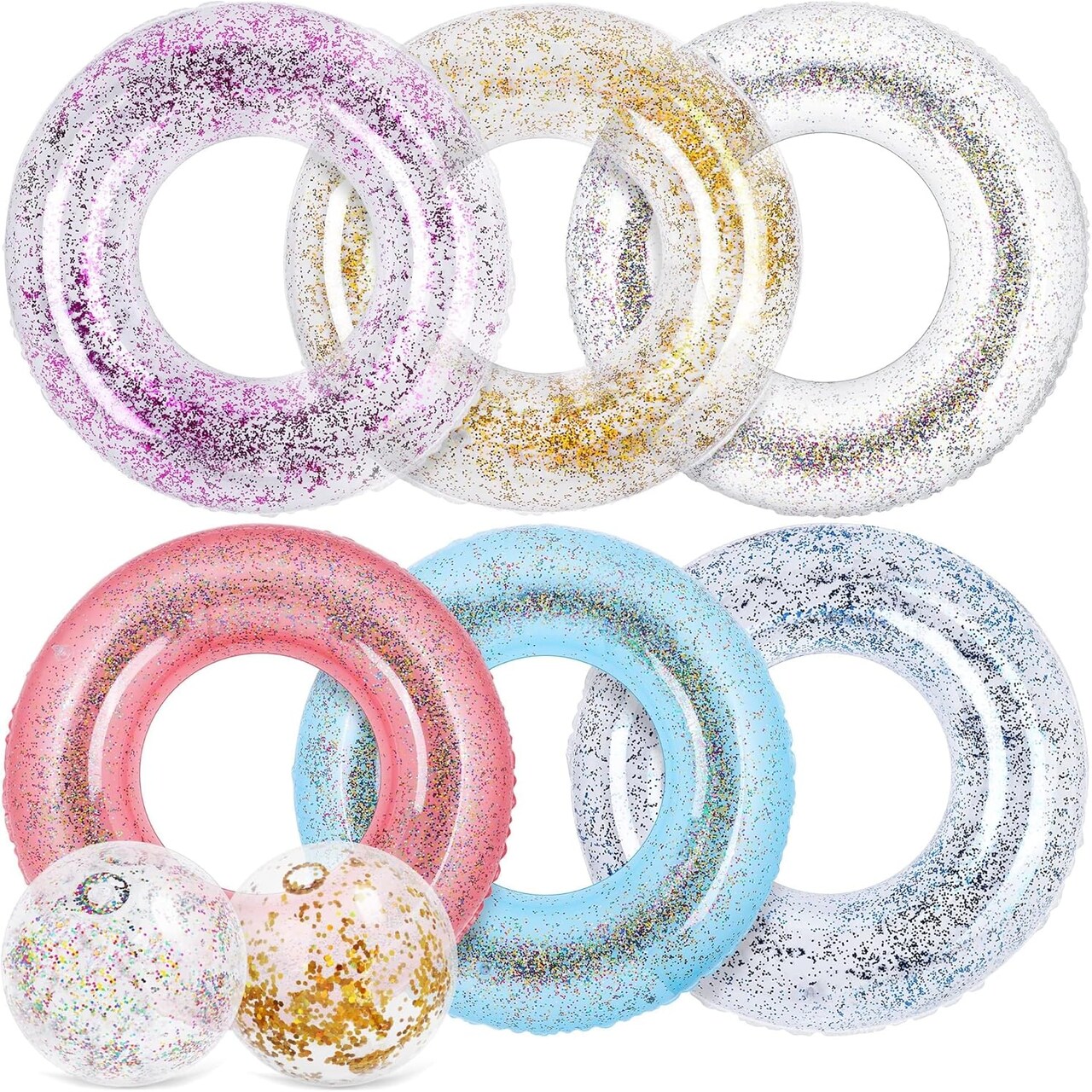 8 Pack Inflatable Glitters Pool Float Beach Balls Set 35 Inch Large Swim Ring Flotation Pool Floats Toy Inflatable Transparent Inner Tube Confetti Beach Balls for Swimming Pool, Beach